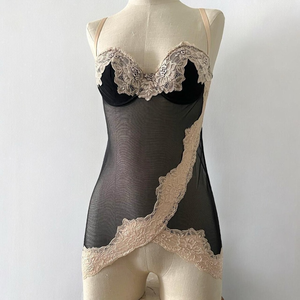 SOLD Fredericks of Hollywood Asymmetrical Contrast Lace Lingerie Mesh Top